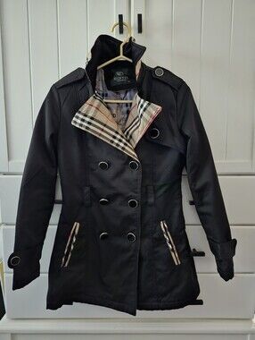 Black Double-Breasted Trench Coat with Plaid Lining Sz M